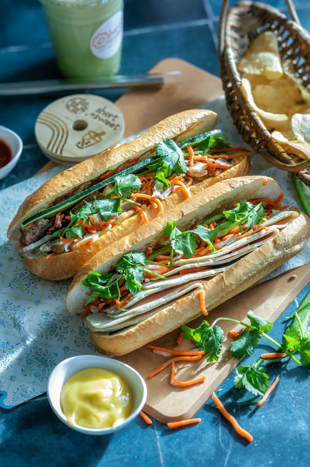 Vietnamese bánh mì sandwiches filled with herbs and savoury ingredients